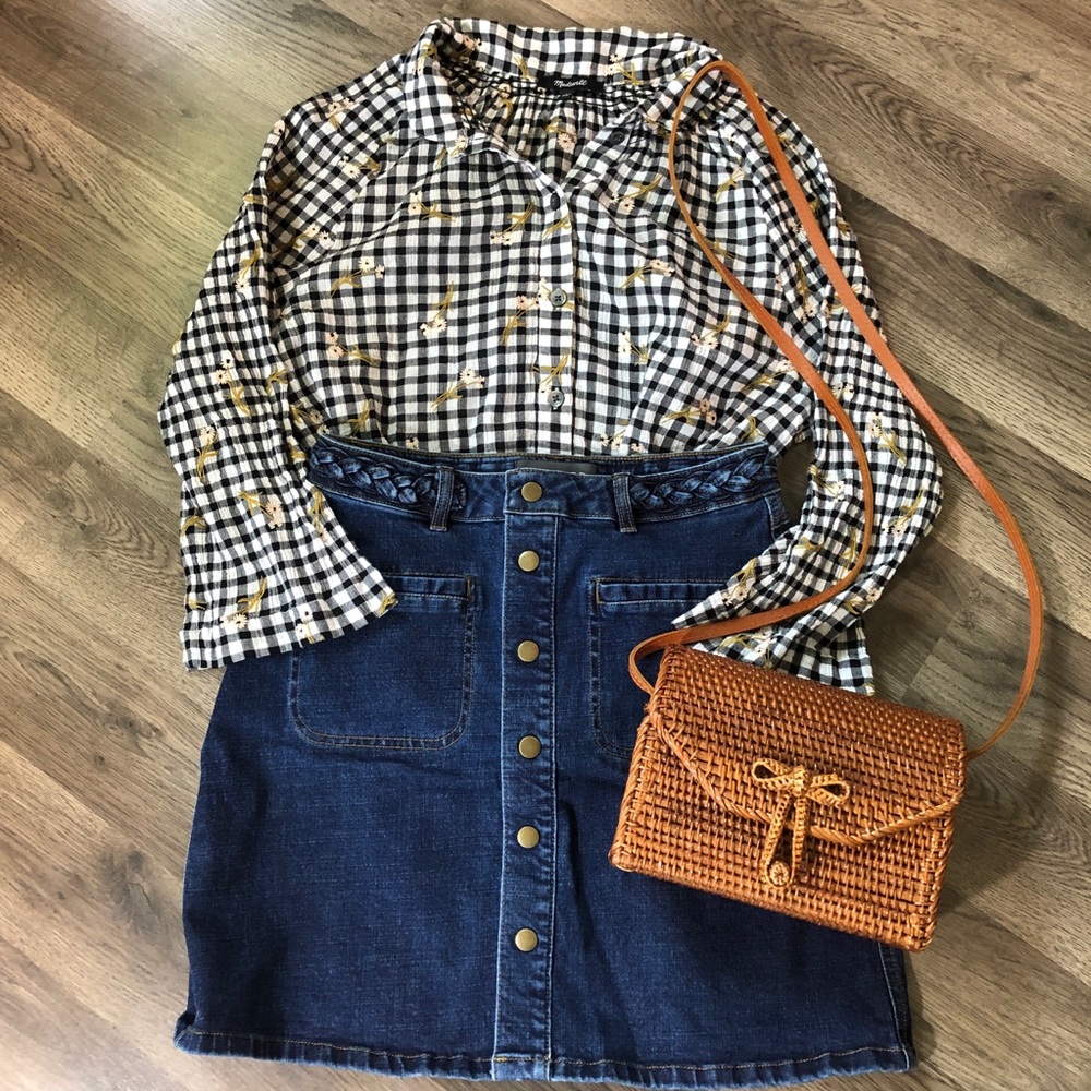 Madewell Plaid Bell Sleeve Embroidered Flowers